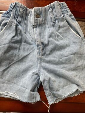 Light Blue High-Rise Elastic Waist Denim Shorts